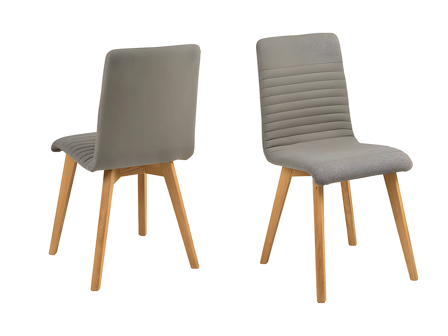 Aron Esszimmerstuhl, hell grauer Stoff und massive, geölte Eichenbeine.