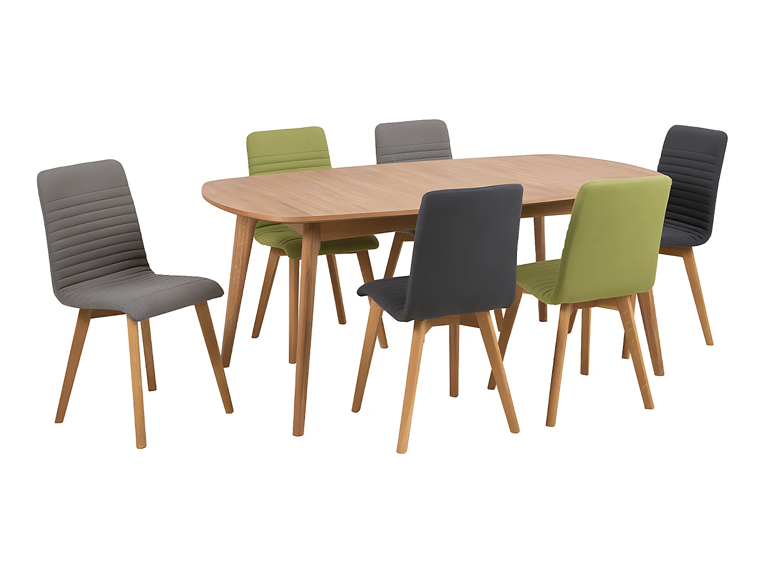 Aron Esszimmerstuhl, hell grauer Stoff und massive, geölte Eichenbeine.