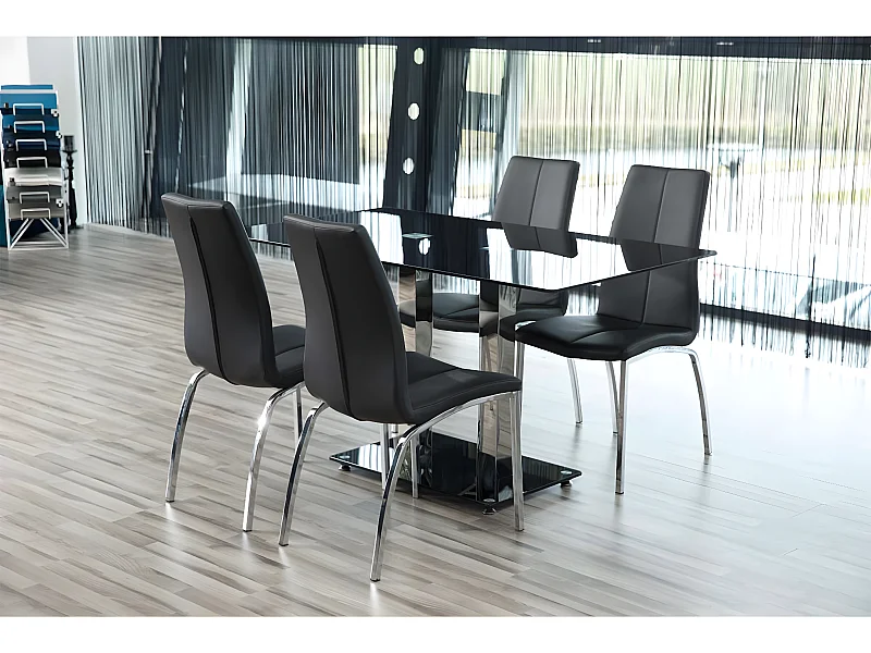 Amin Chaise de salle à manger en similicuir, noir et cadre chromé.