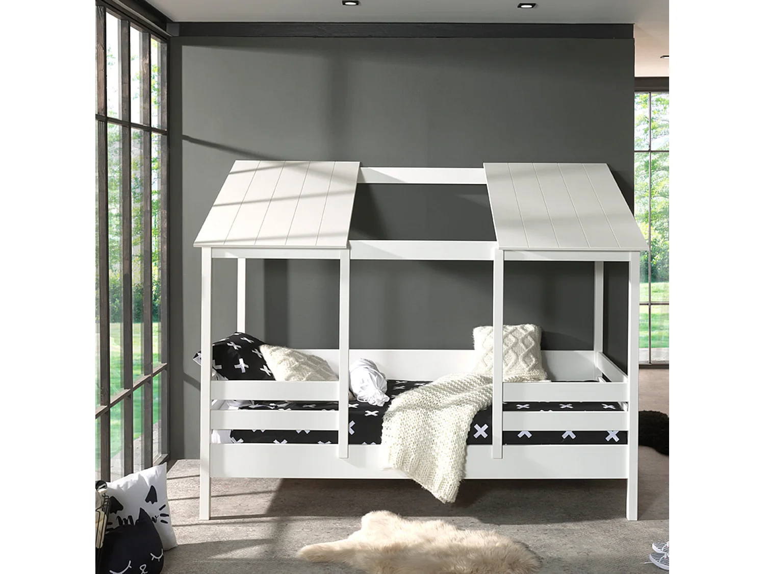 Lit cabane enfant avec toit en bois blanc 90x200