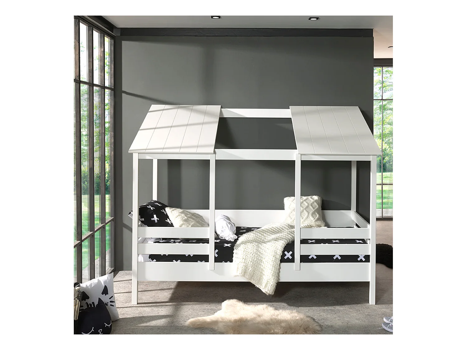 Lit cabane enfant avec toit en bois blanc 90x200