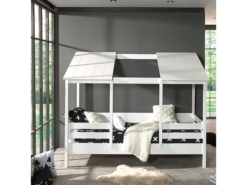 Lit cabane enfant avec toit en bois blanc 90x200