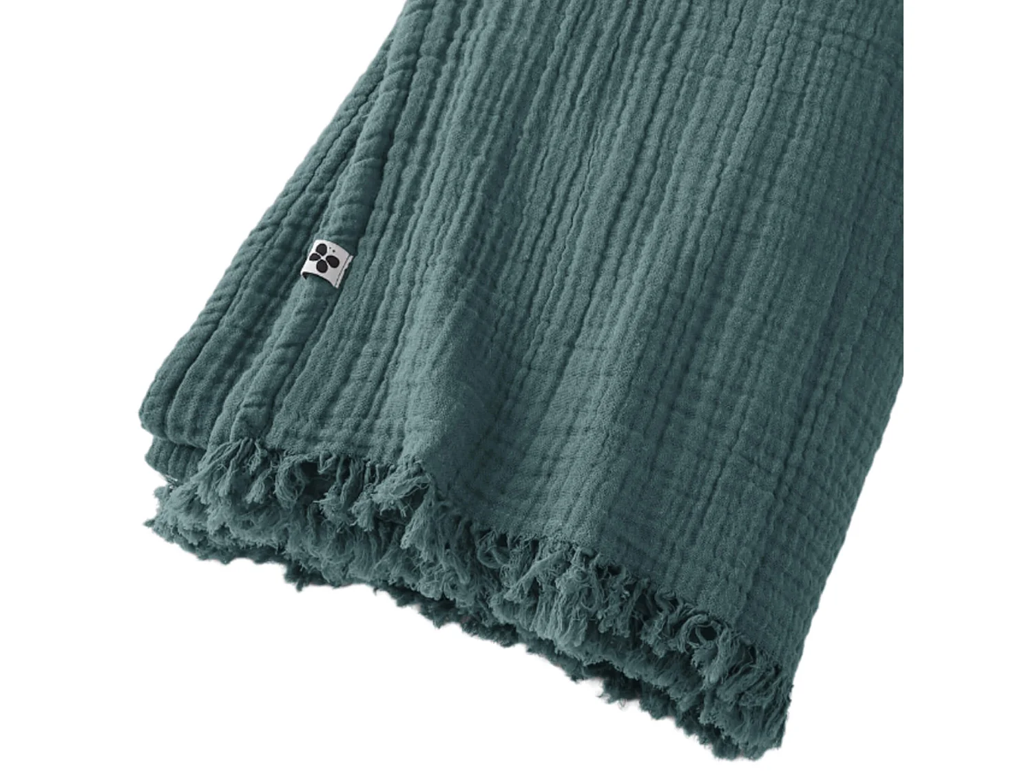 Plaid gaze de coton à franges bleu canard 130x160 cm