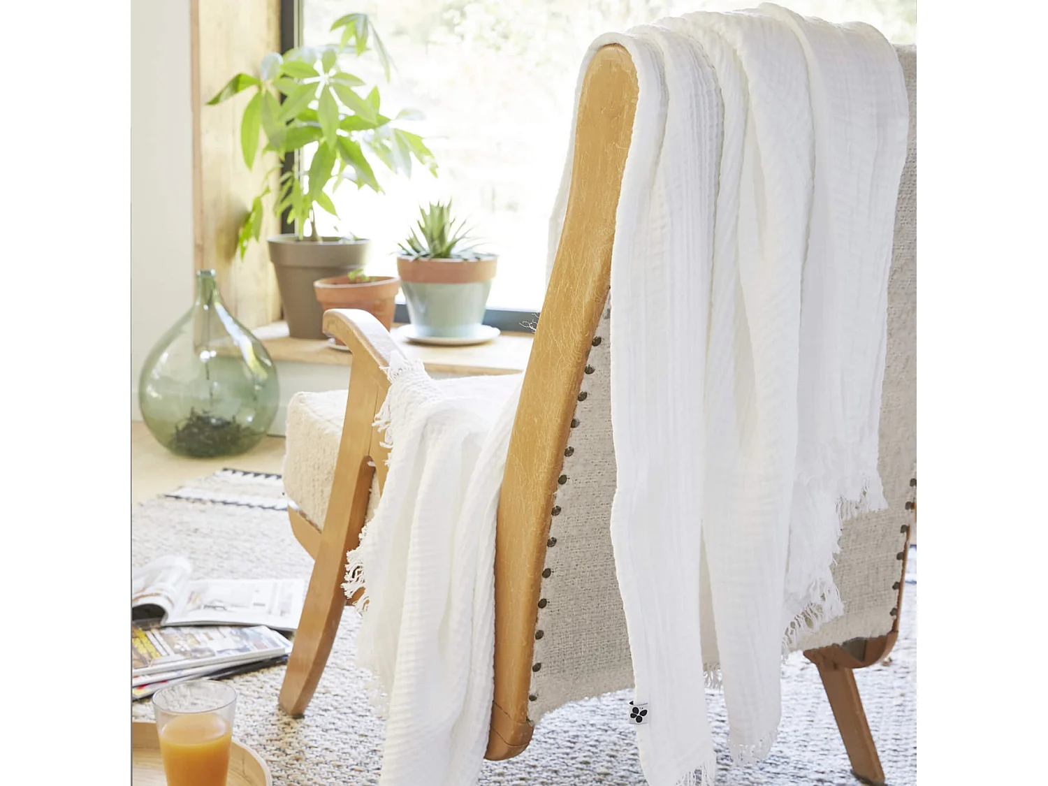 Plaid gaze de coton à franges blanc 180x220 cm