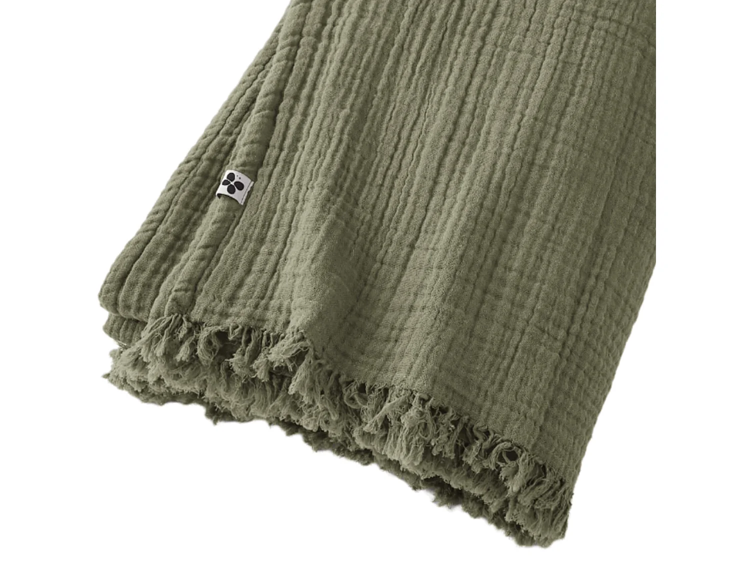 Plaid gaze de coton à franges kaki 130x160 cm