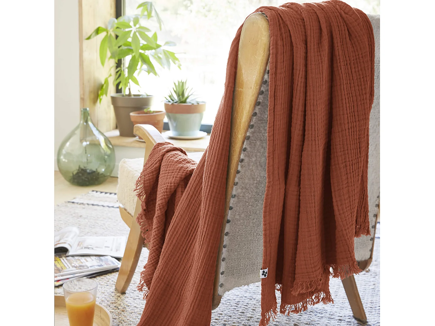 Plaid gaze de coton à franges orange terracotta 130x160 cm