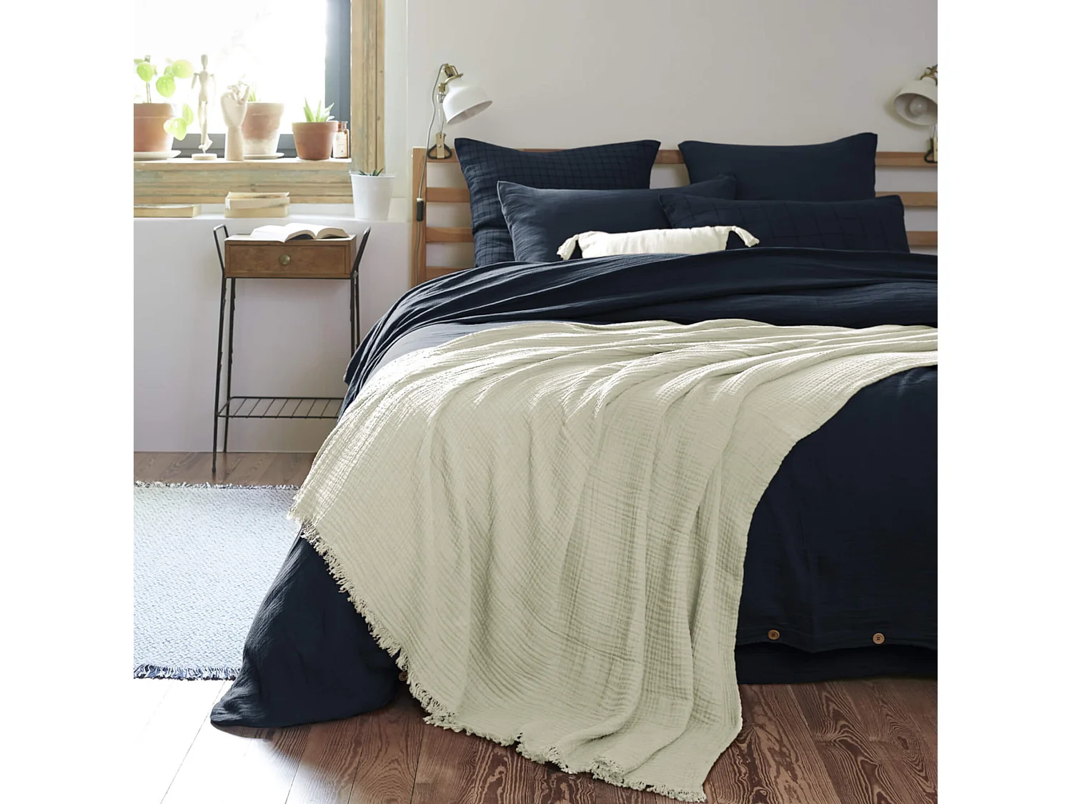 Plaid gaze de coton à franges vert d'eau 180x220 cm