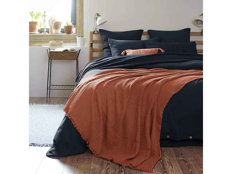 Plaid gaze de coton à franges orange terracotta 180x220 cm