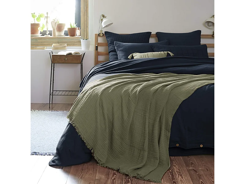 Plaid gaze de coton à franges kaki 180x220 cm