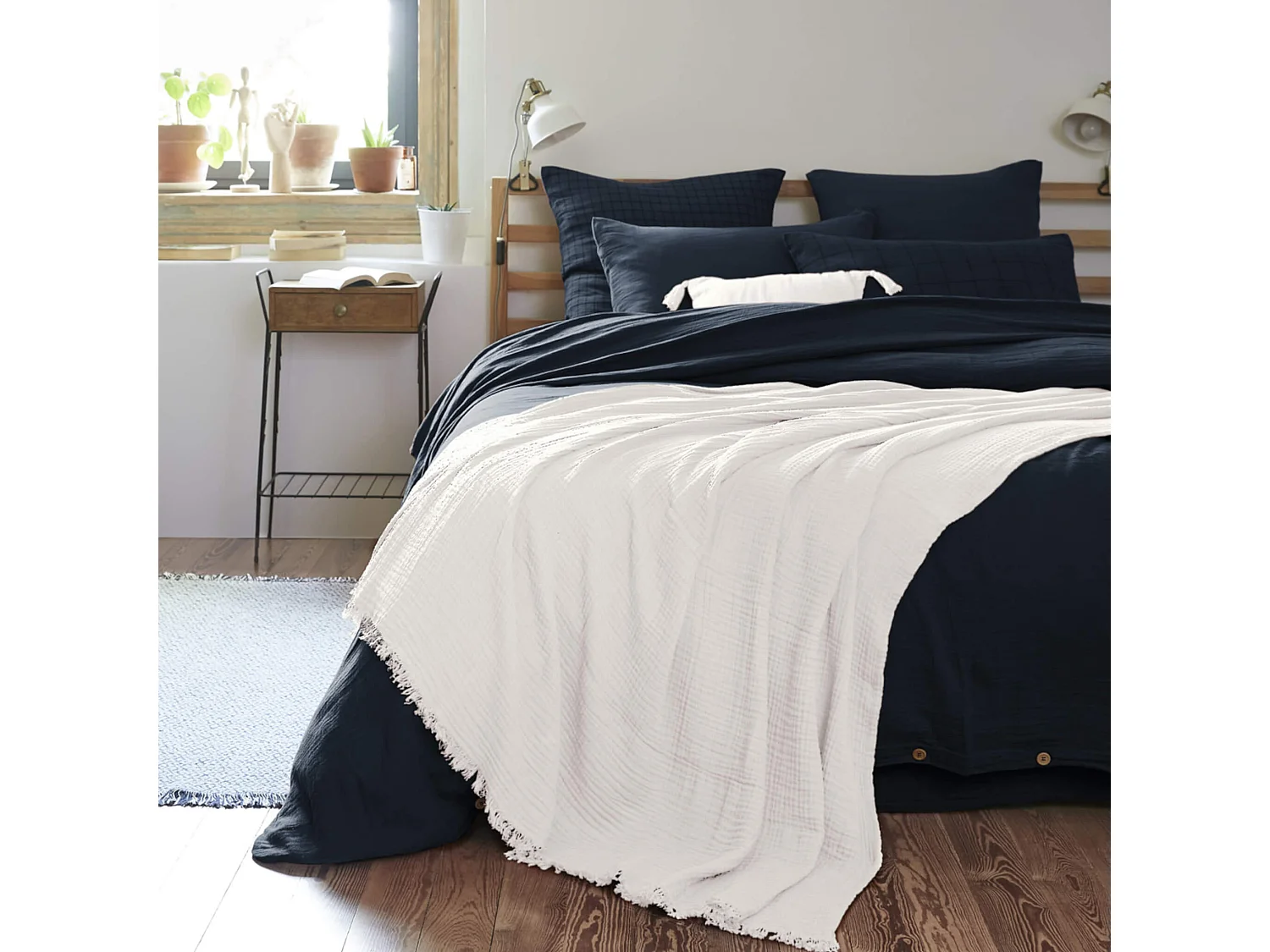 Plaid gaze de coton à franges blanc 130x160 cm