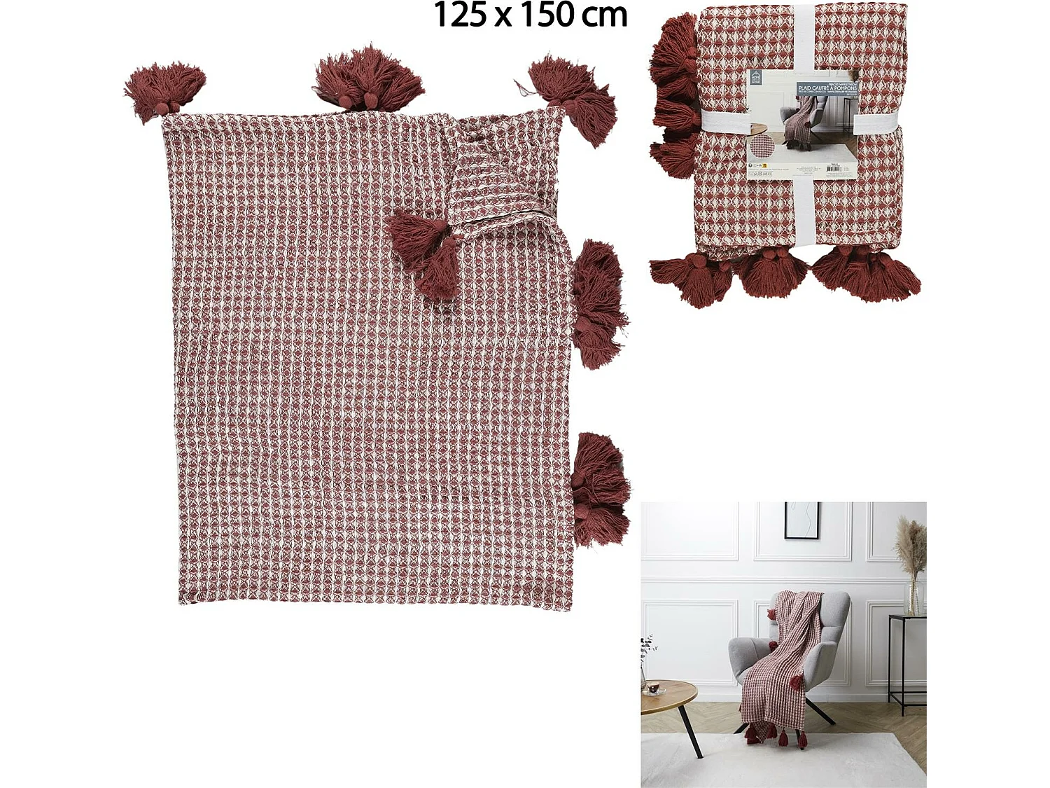 Plaid Nid D Abeille Blanc Et Rouge 125x150cm Rouge, Blanc