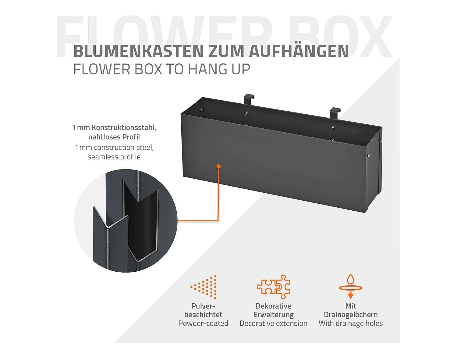 Bac à plantes jardinière pot panier fleurs suspendu anthracite acier 50x12x15 cm