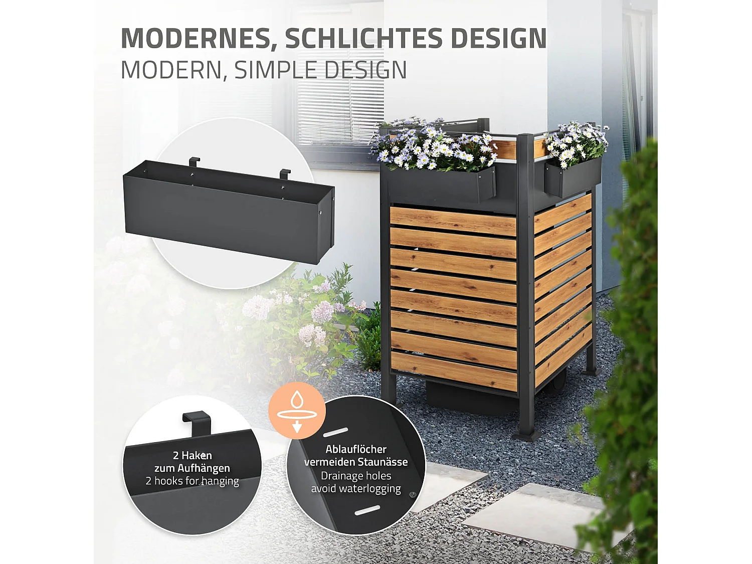 Bac à plantes jardinière pot panier fleurs suspendu anthracite acier 50x12x15 cm