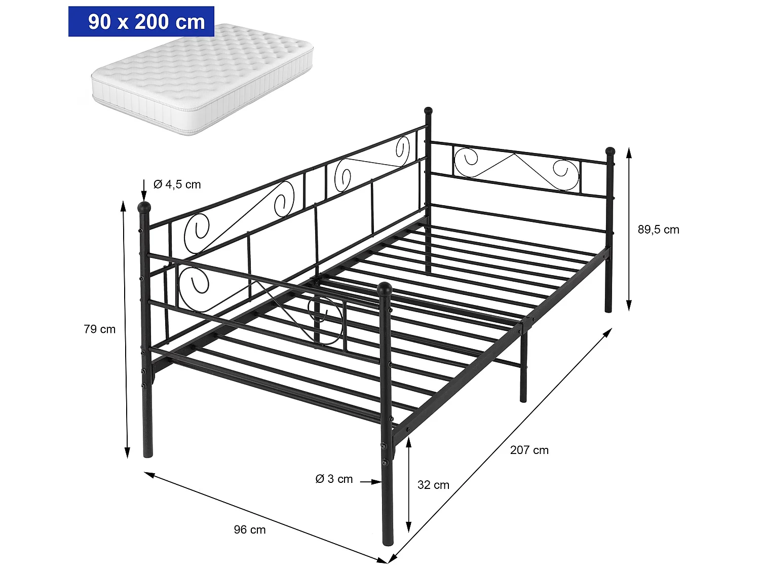Cadre de lit en métal structure banquette canapé-lit simple noir acier 90x200 cm