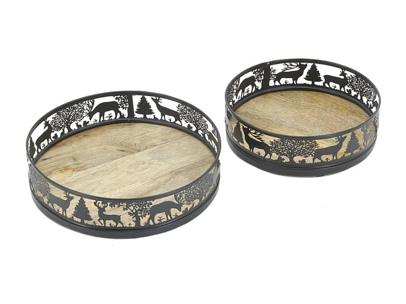 Plateaux ronds en métal et bois Cerf (lot de 2)