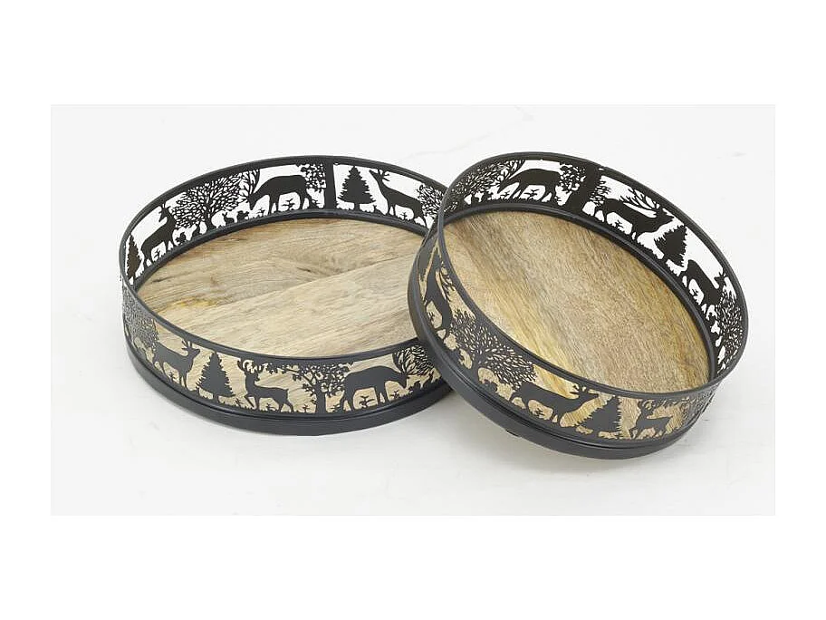 Plateaux ronds en métal et bois Cerf (lot de 2)