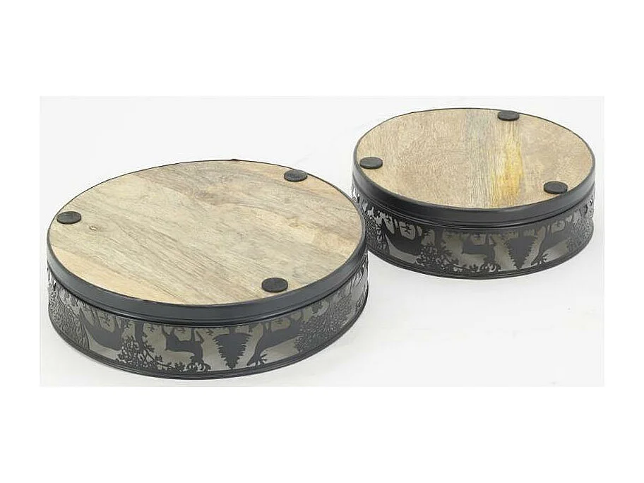 Plateaux ronds en métal et bois Cerf (lot de 2)