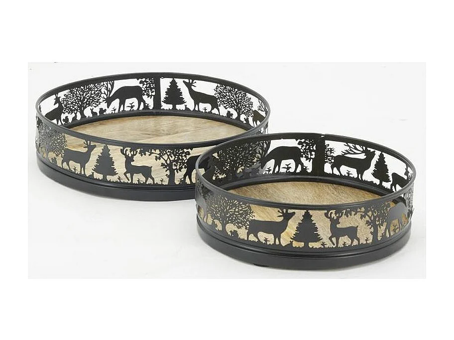Plateaux ronds en métal et bois Cerf (lot de 2)
