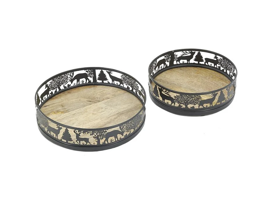 Plateaux ronds en métal et bois Cerf (lot de 2)