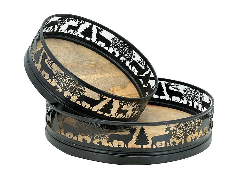 Plateaux ronds en métal et bois Cerf (lot de 2)