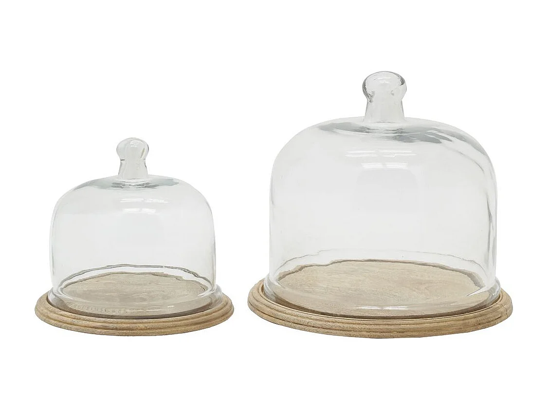 Cloches en verre + plateaux en manguier (lot de 2)