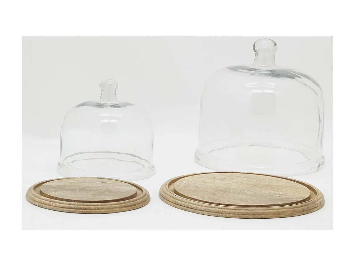 Cloches en verre + plateaux en manguier (lot de 2)
