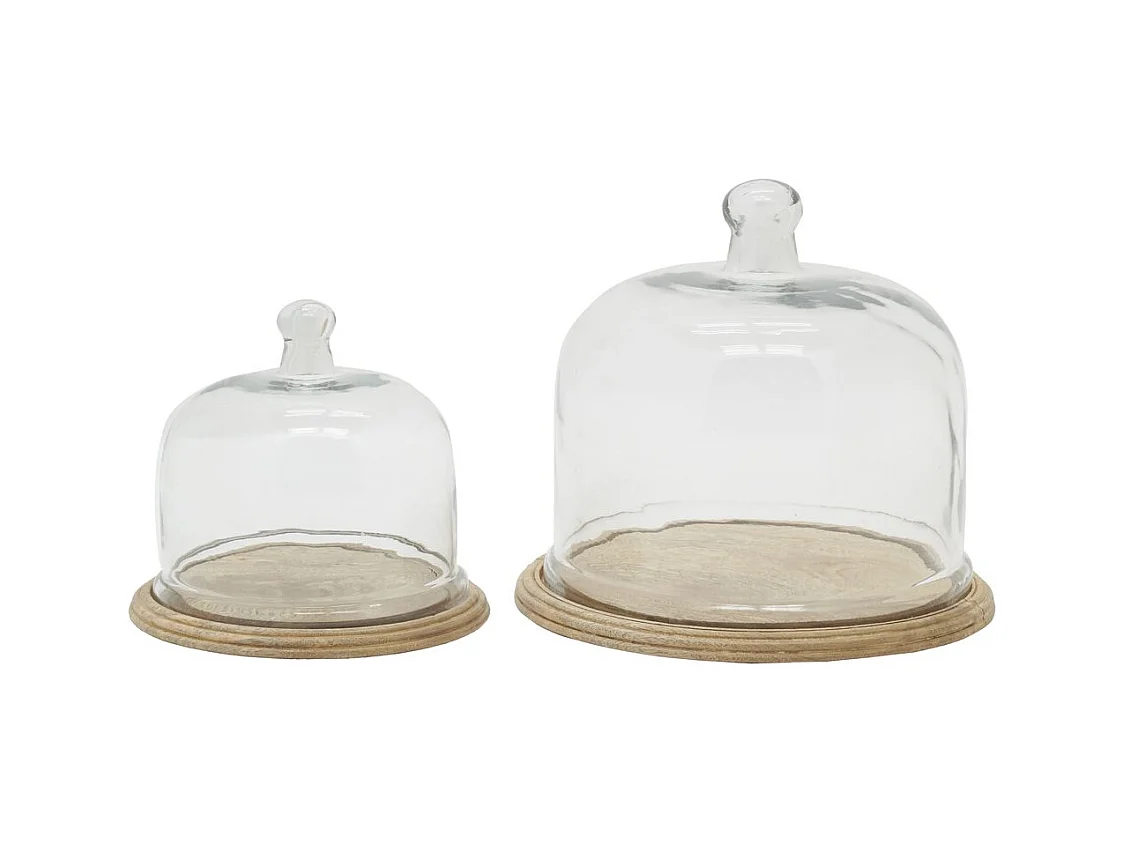 Cloches en verre + plateaux en manguier (lot de 2)