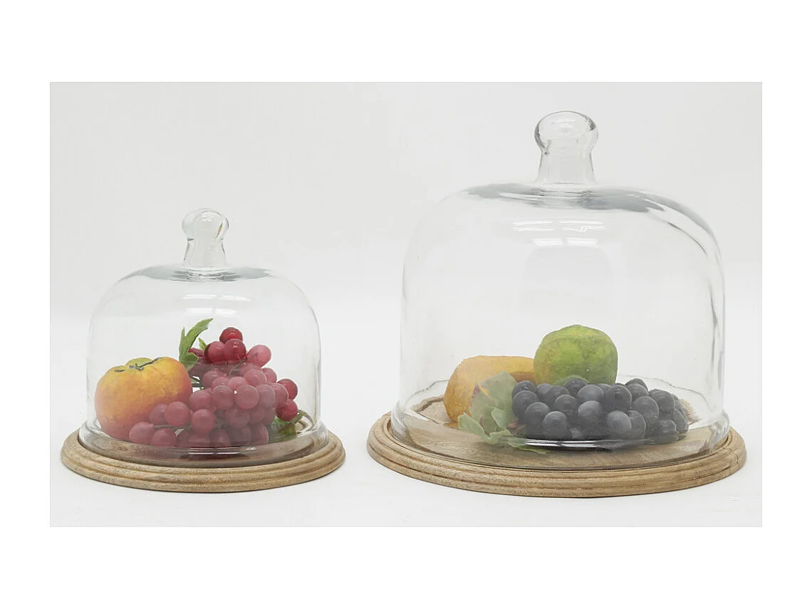 Cloches en verre + plateaux en manguier (lot de 2)