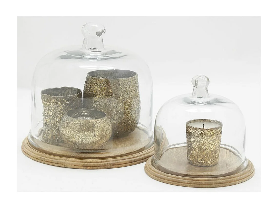 Cloches en verre + plateaux en manguier (lot de 2)