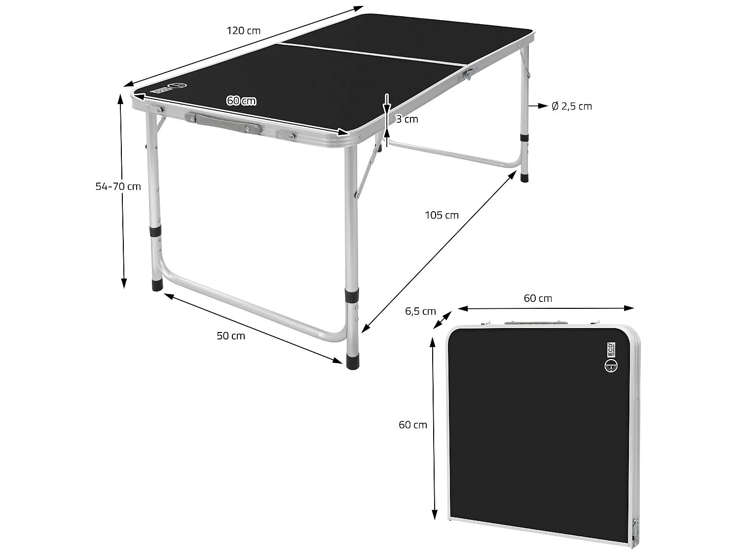 Mesa plegable Mesa de camping Mesa de jardín con asa de transporte Aluminio 120x