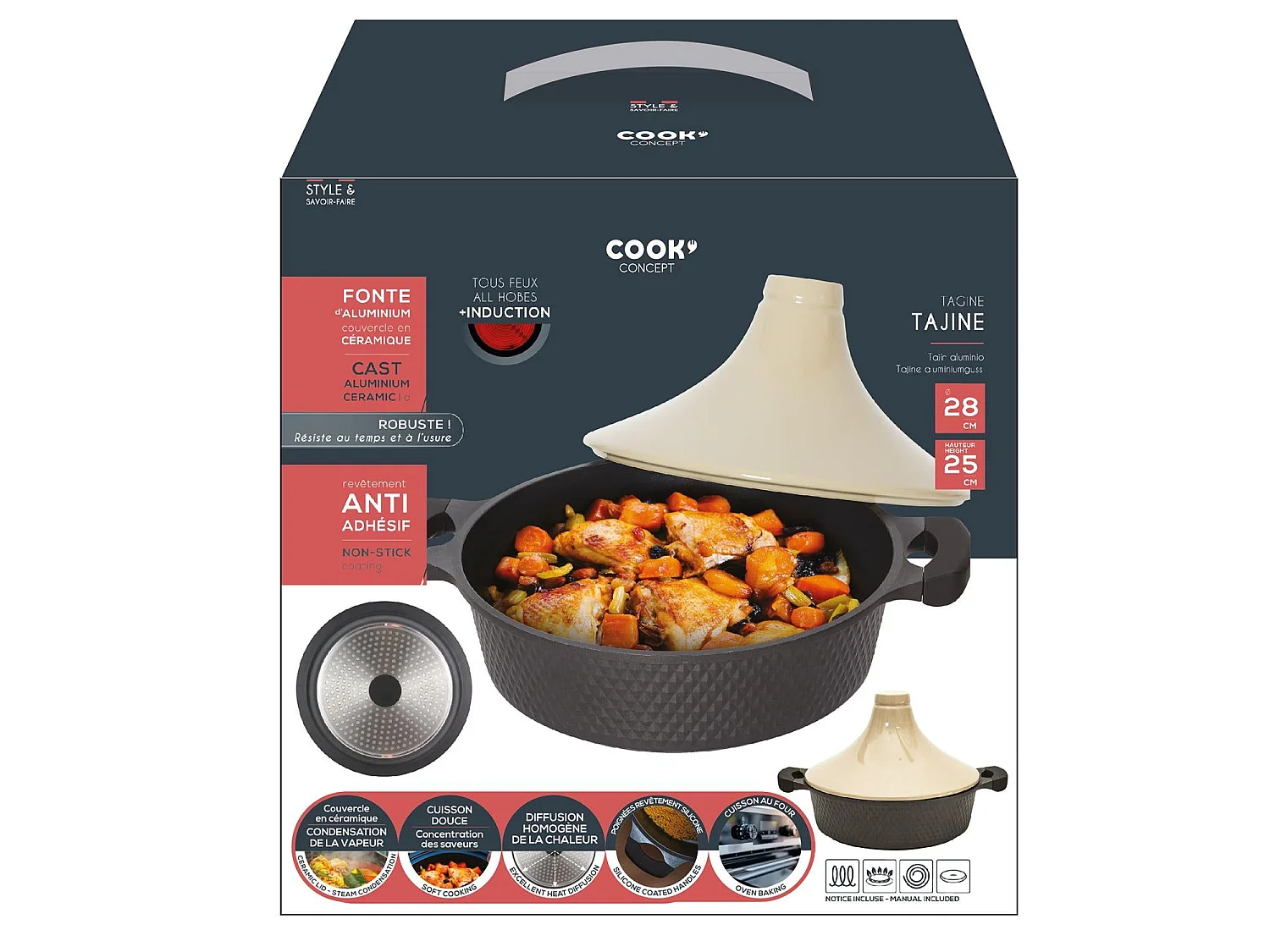 Tajine Induction D28cm Noir, Beige