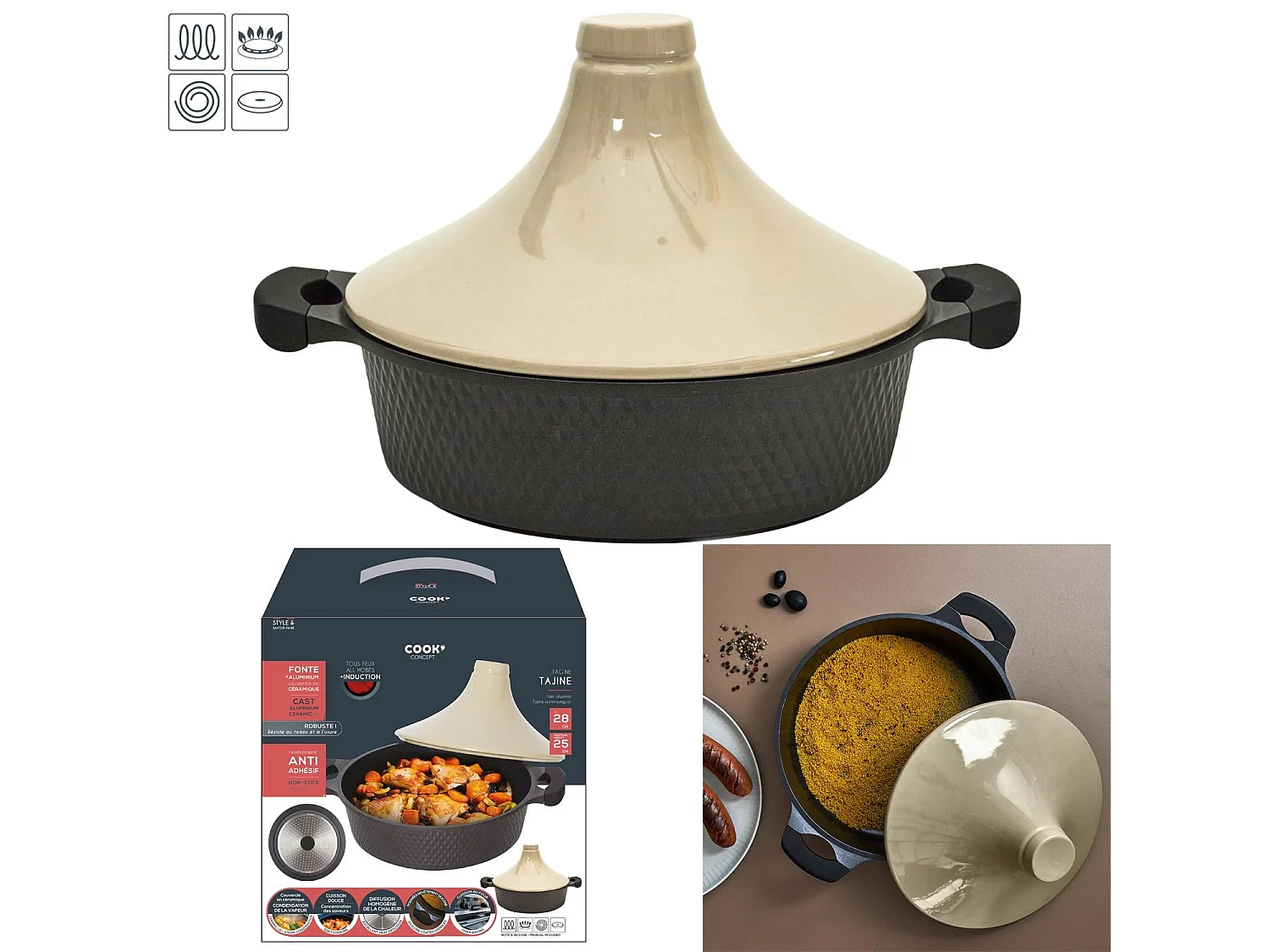 Tajine Induction D28cm Noir, Beige