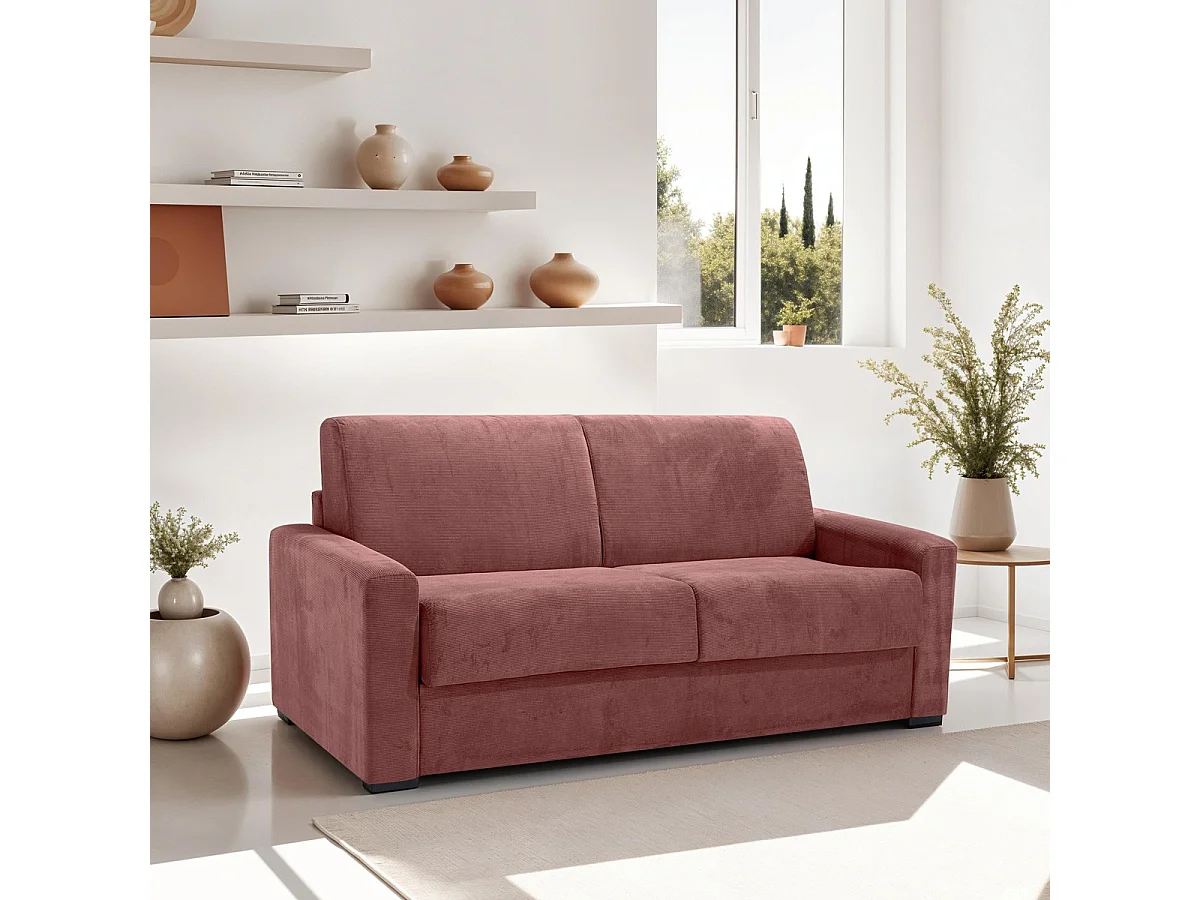 Canapé convertible 3 places en velours fines côtes veux rose - Ouverture express - Anzio