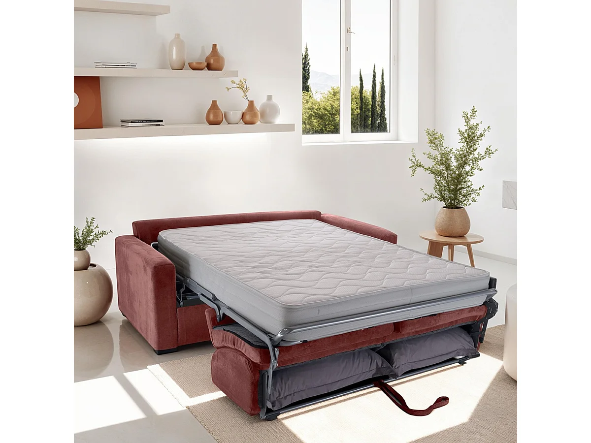 Canapé convertible 3 places en velours fines côtes veux rose - Ouverture express - Anzio