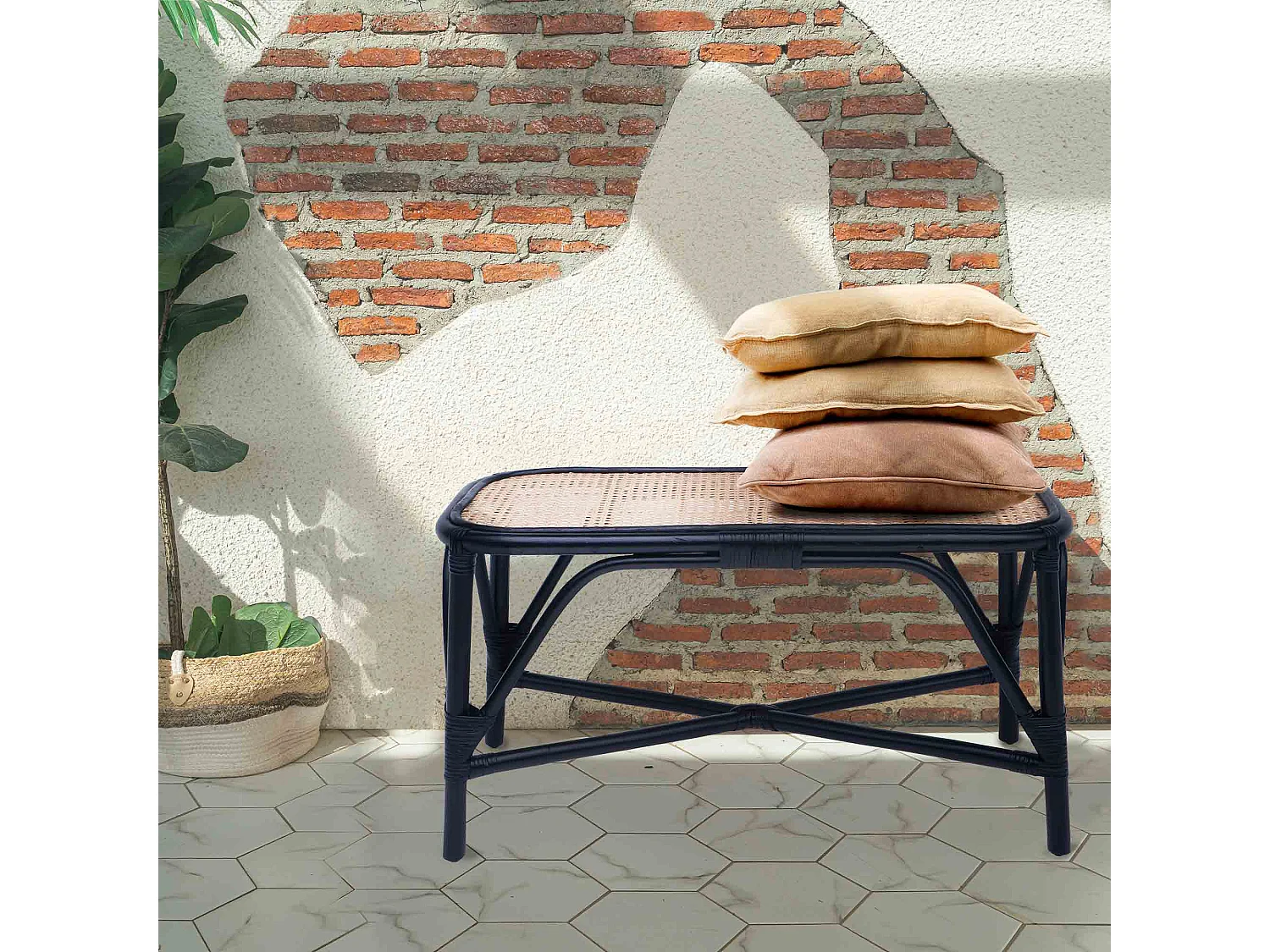 Banco Pie de Cama de Ratán Natural Chillvert Parma 78x73x43 cm con Diseño Bicolor Negro y Mimbre Marrón