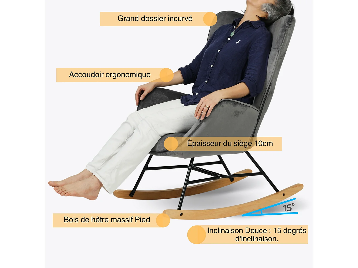 MEUBLES COSY Fauteuil à Bascule Allaitement Rocking Chair Scandinave Chaise Loisir Revêtement Pieds en Bois Massif pour Salon, Chambre, Le Balcon, Gris Velours