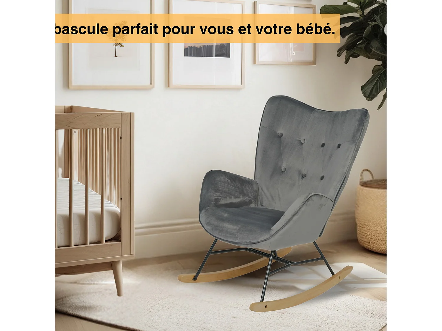 MEUBLES COSY Fauteuil à Bascule Allaitement Rocking Chair Scandinave Chaise Loisir Revêtement Pieds en Bois Massif pour Salon, Chambre, Le Balcon, Gris Velours