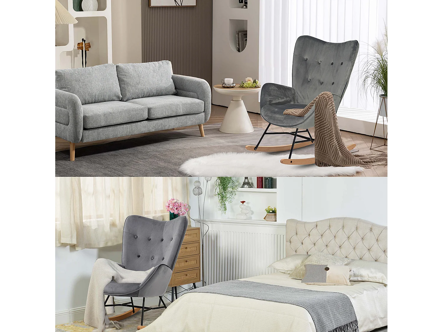 MEUBLES COSY Fauteuil à Bascule Allaitement Rocking Chair Scandinave Chaise Loisir Revêtement Pieds en Bois Massif pour Salon, Chambre, Le Balcon, Gris Velours