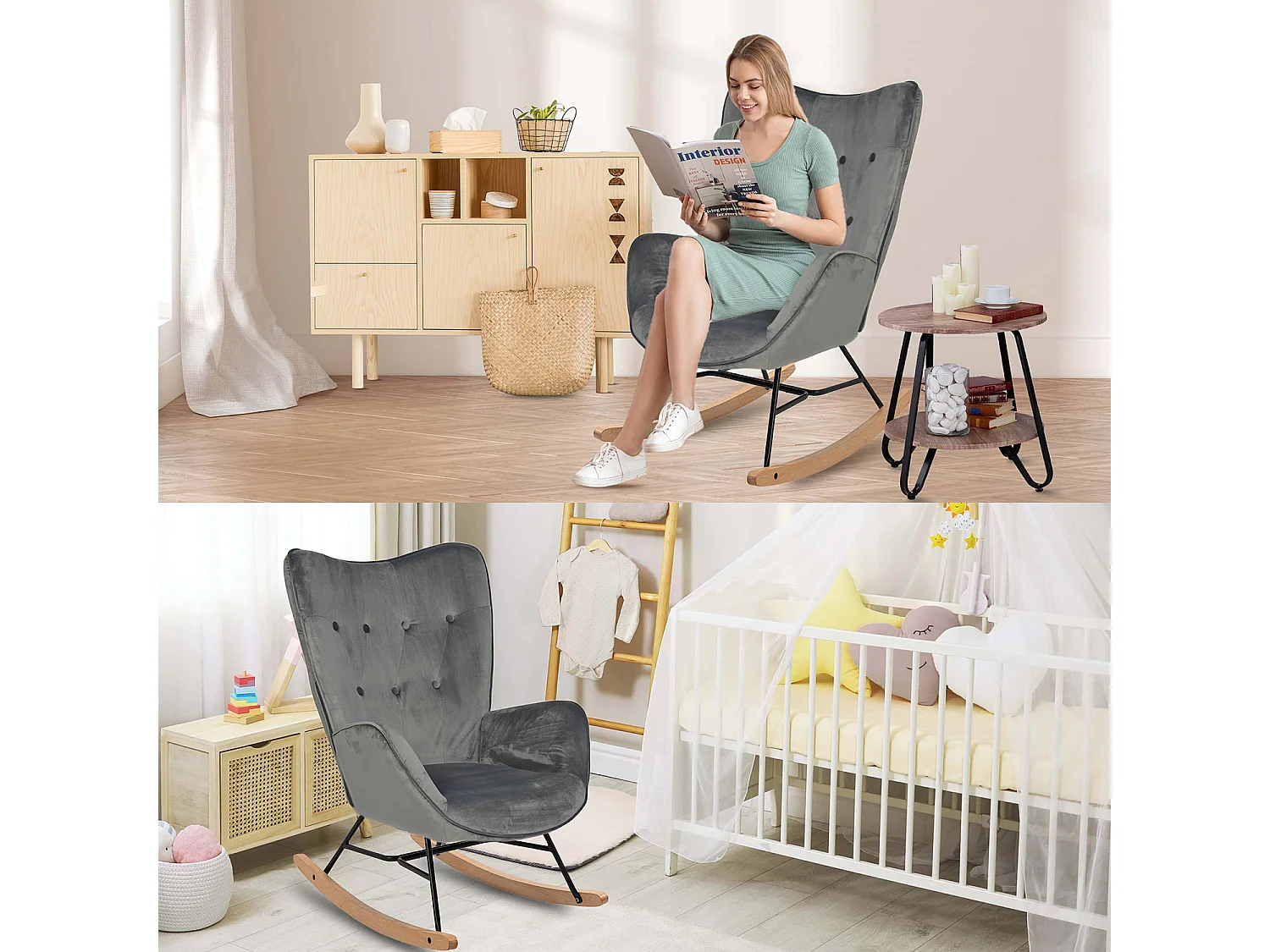 MEUBLES COSY Fauteuil à Bascule Allaitement Rocking Chair Scandinave Chaise Loisir Revêtement Pieds en Bois Massif pour Salon, Chambre, Le Balcon, Gris Velours