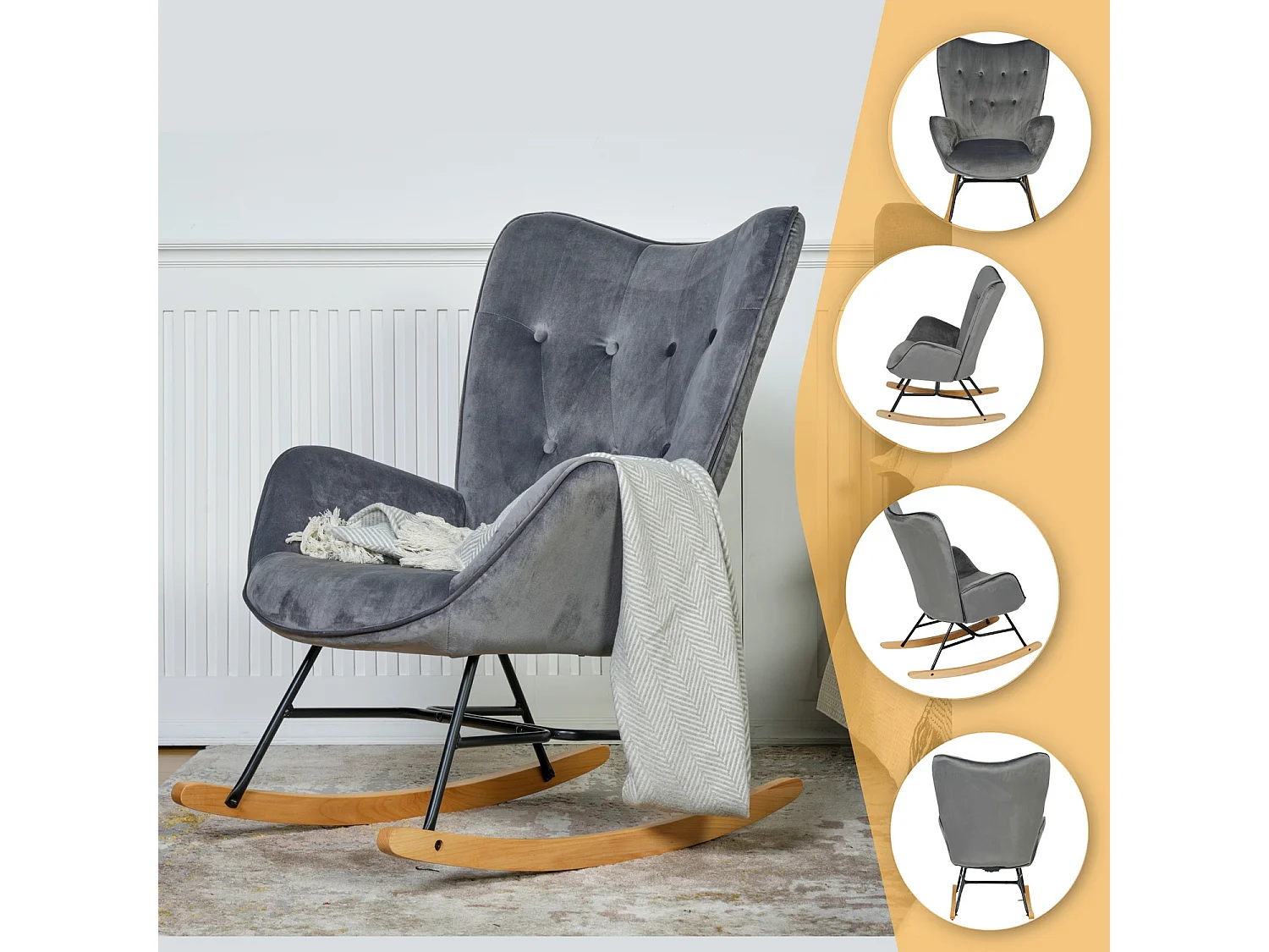 MEUBLES COSY Fauteuil à Bascule Allaitement Rocking Chair Scandinave Chaise Loisir Revêtement Pieds en Bois Massif pour Salon, Chambre, Le Balcon, Gris Velours