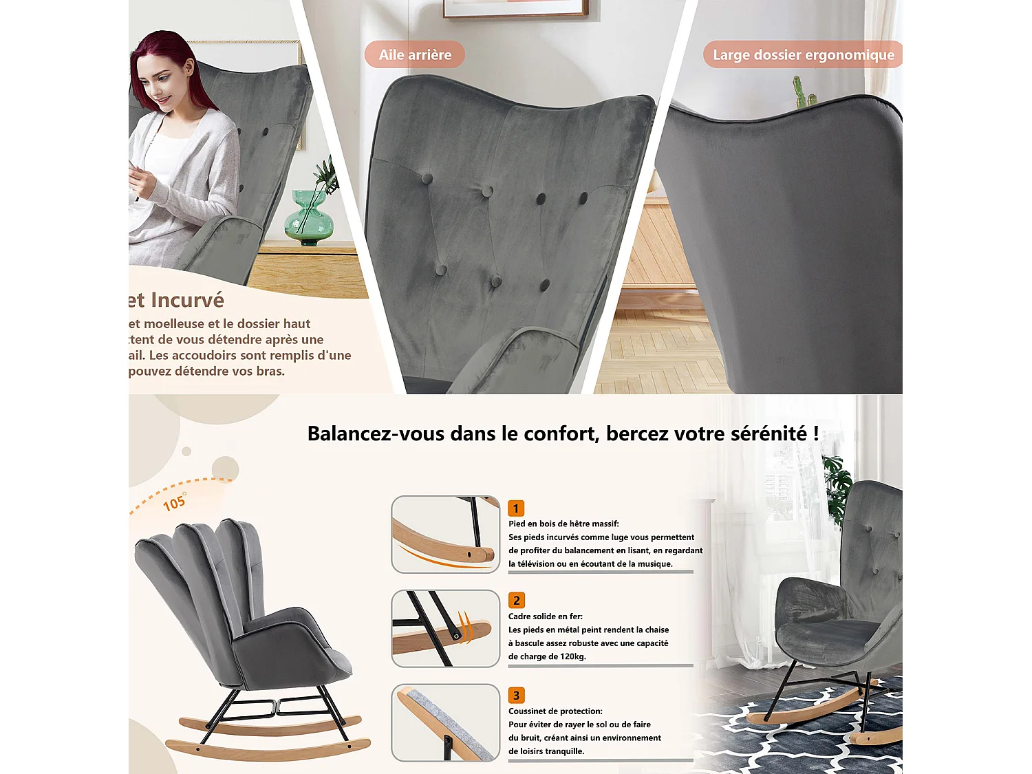 MEUBLES COSY Fauteuil à Bascule Allaitement Rocking Chair Scandinave Chaise Loisir Revêtement Pieds en Bois Massif pour Salon, Chambre, Le Balcon, Gris Velours