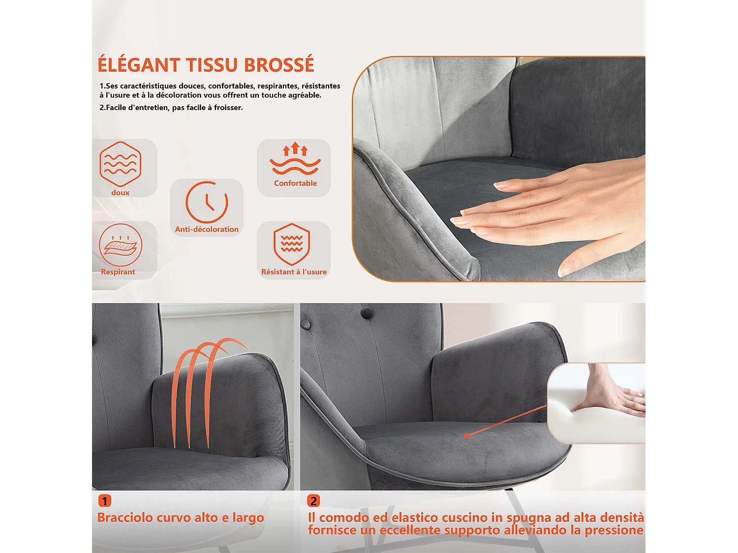 MEUBLES COSY Fauteuil à Bascule Allaitement Rocking Chair Scandinave Chaise Loisir Revêtement Pieds en Bois Massif pour Salon, Chambre, Le Balcon, Gris Velours