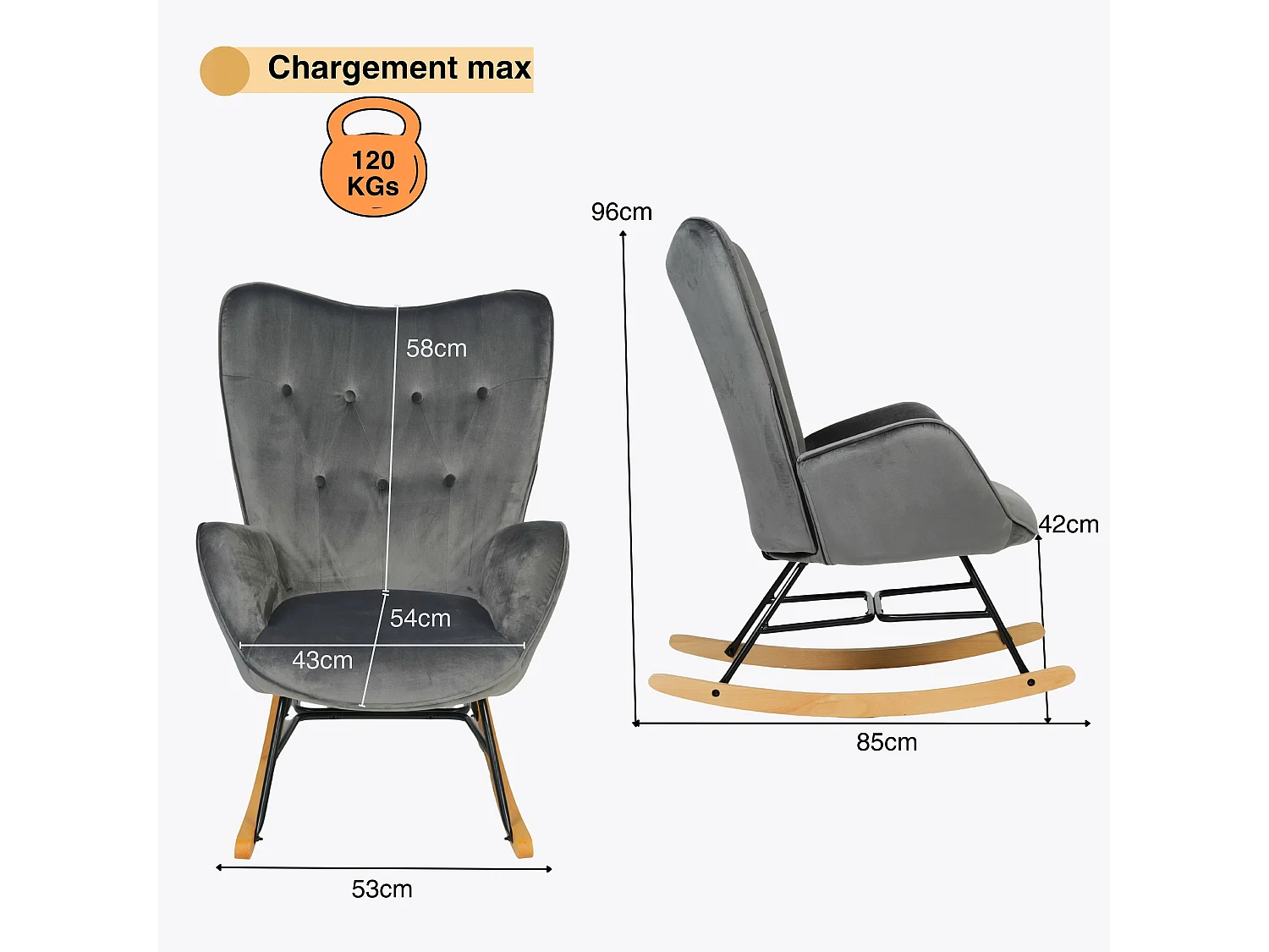 MEUBLES COSY Fauteuil à Bascule Allaitement Rocking Chair Scandinave Chaise Loisir Revêtement Pieds en Bois Massif pour Salon, Chambre, Le Balcon, Gris Velours