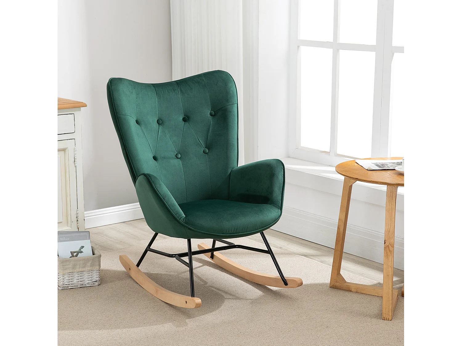 MEUBLES COSY EPPING - Poltrona a dondolo stile scandinavo in velluto verde con schienale imbottito e gambe in legno massello