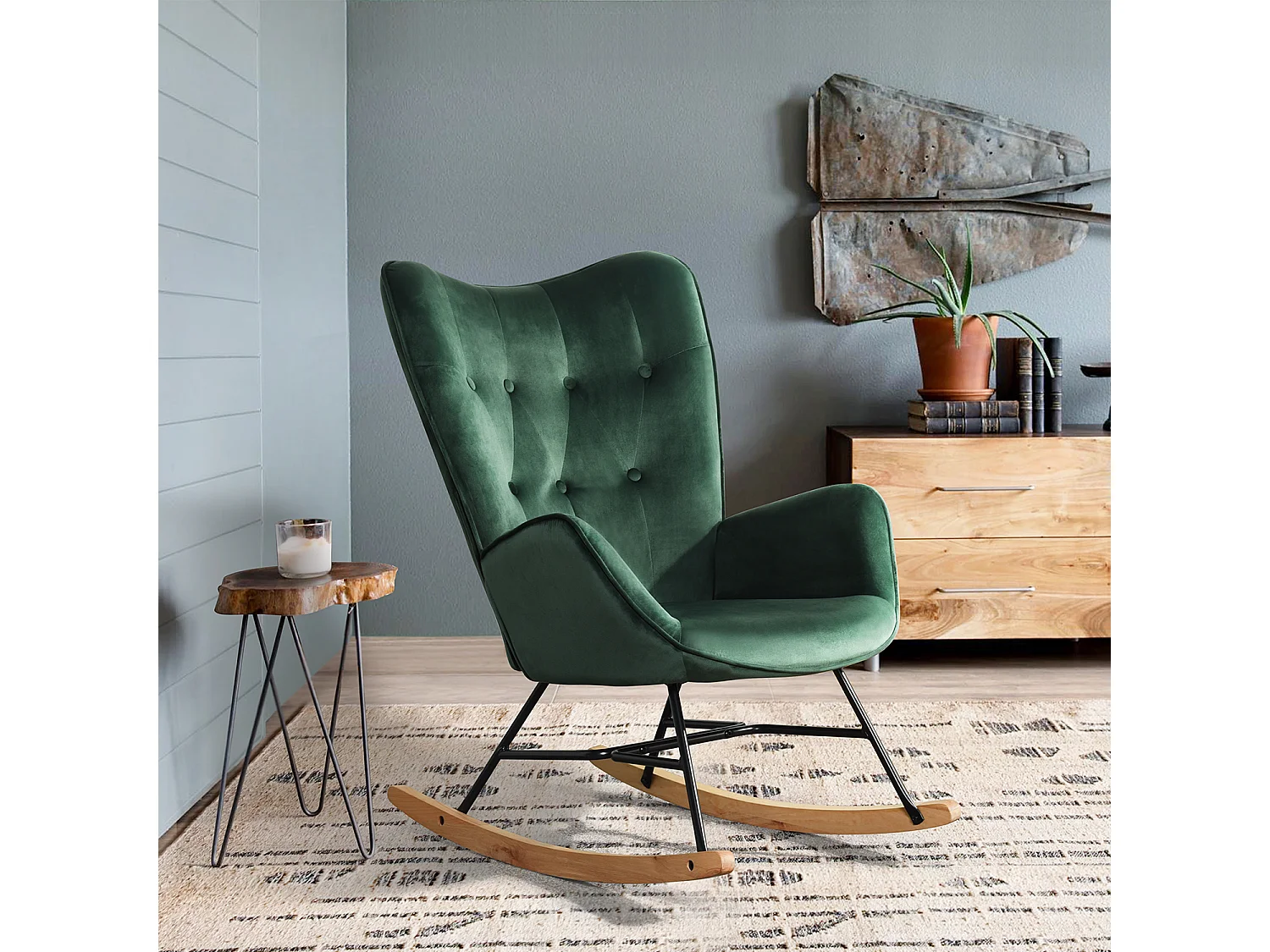 MEUBLES COSY EPPING - Poltrona a dondolo stile scandinavo in velluto verde con schienale imbottito e gambe in legno massello