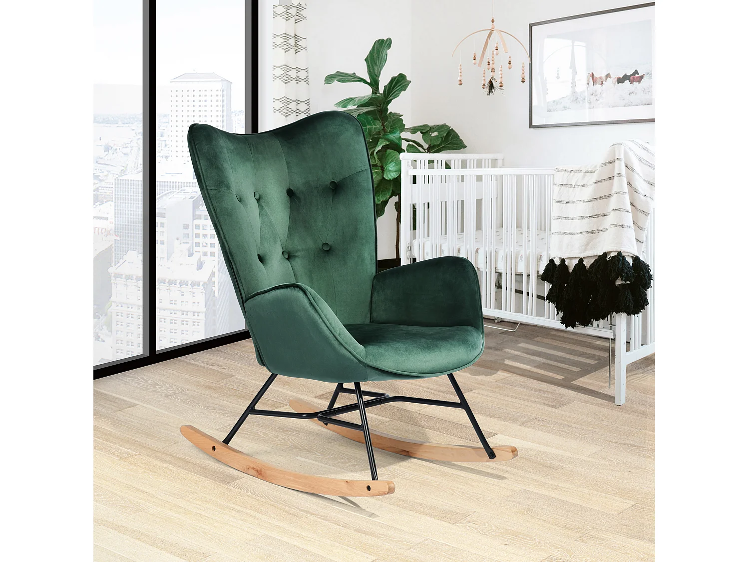 MEUBLES COSY EPPING - Poltrona a dondolo stile scandinavo in velluto verde con schienale imbottito e gambe in legno massello