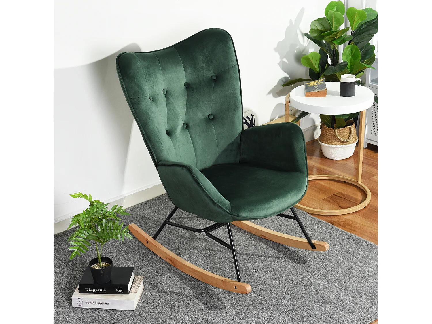 MEUBLES COSY EPPING - Poltrona a dondolo stile scandinavo in velluto verde con schienale imbottito e gambe in legno massello