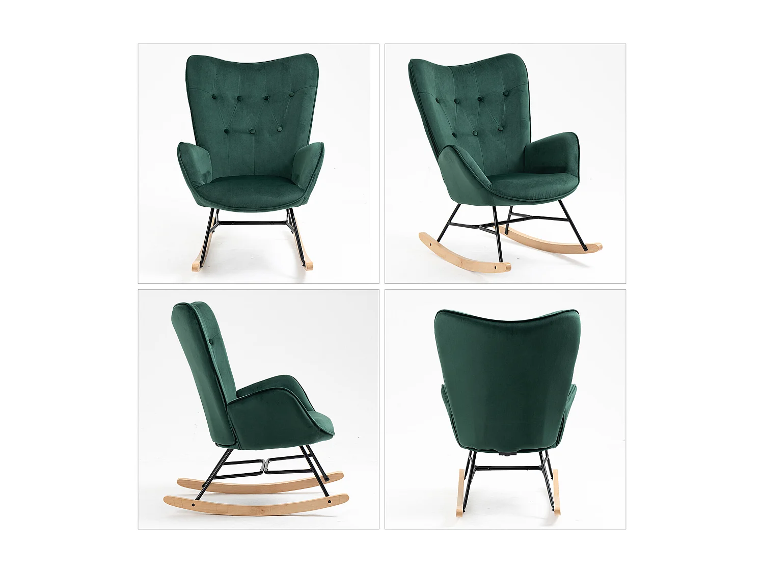 MEUBLES COSY EPPING - Poltrona a dondolo stile scandinavo in velluto verde con schienale imbottito e gambe in legno massello