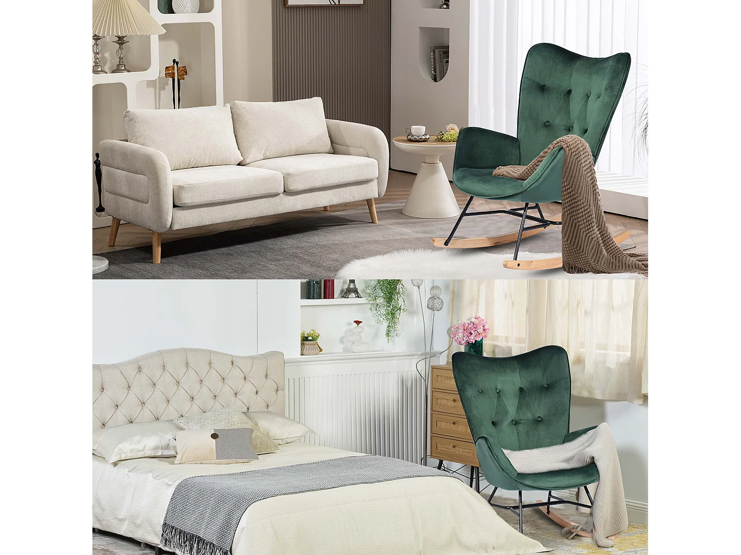 MEUBLES COSY EPPING - Poltrona a dondolo stile scandinavo in velluto verde con schienale imbottito e gambe in legno massello