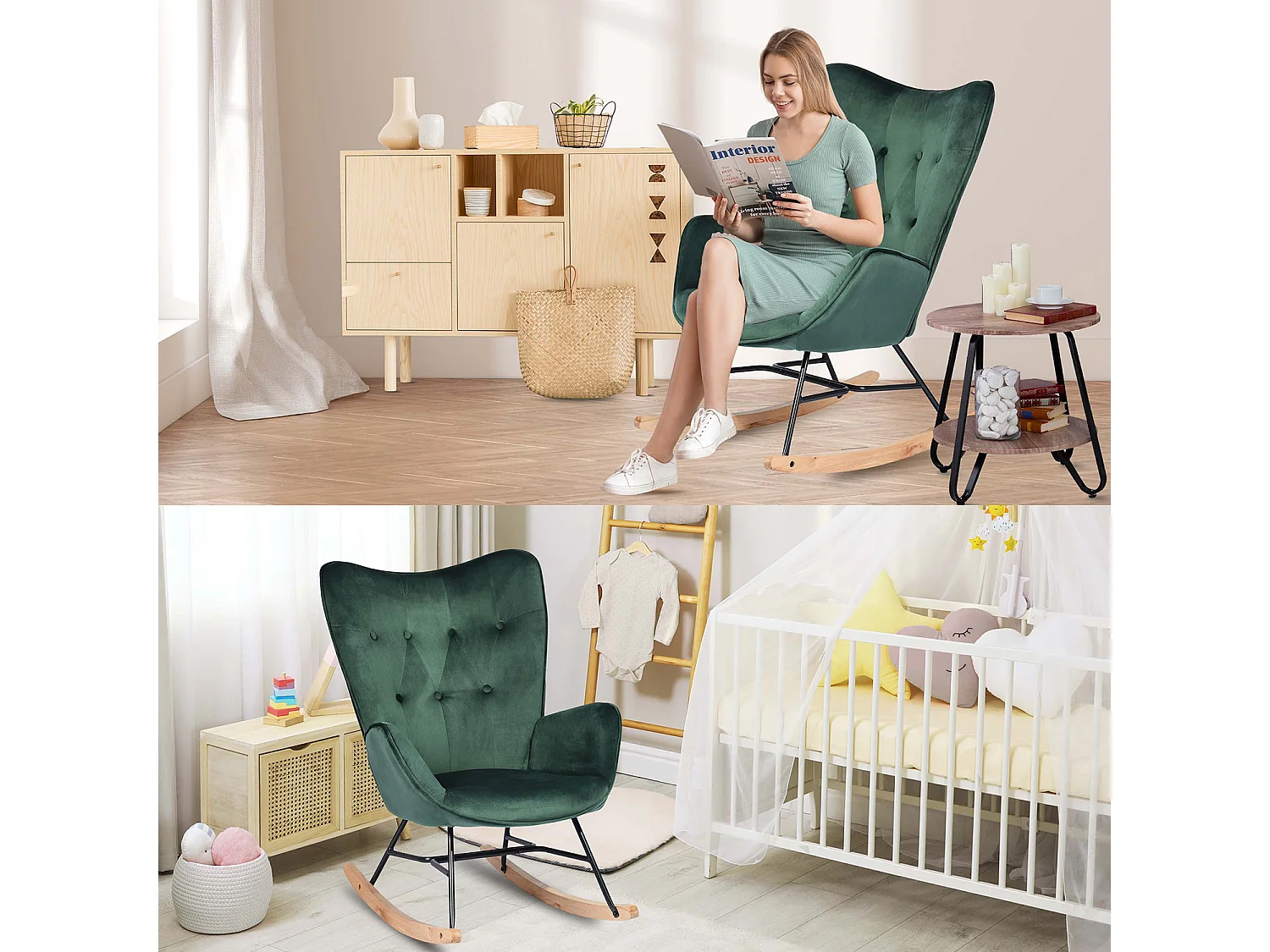MEUBLES COSY EPPING - Poltrona a dondolo stile scandinavo in velluto verde con schienale imbottito e gambe in legno massello